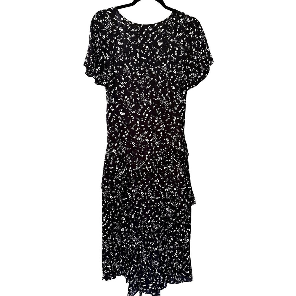 Joie Orita Tiered Faux Wrap Black White Floral Midi Dress 10 Short Sleeve - Picture 5 of 6